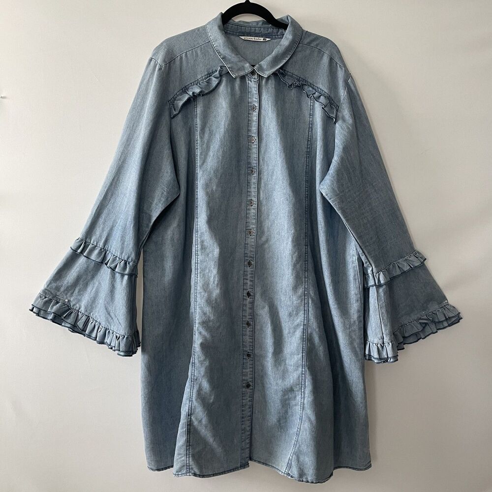 Given Kale Shirt Dress Ruffle Bell Sleeve Button Front Blue Women Size 3X